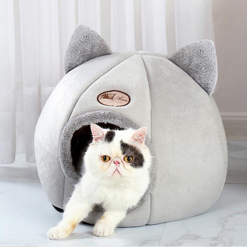 Cat Bed Cave - Gray Warm Indoor Cat House With Ears