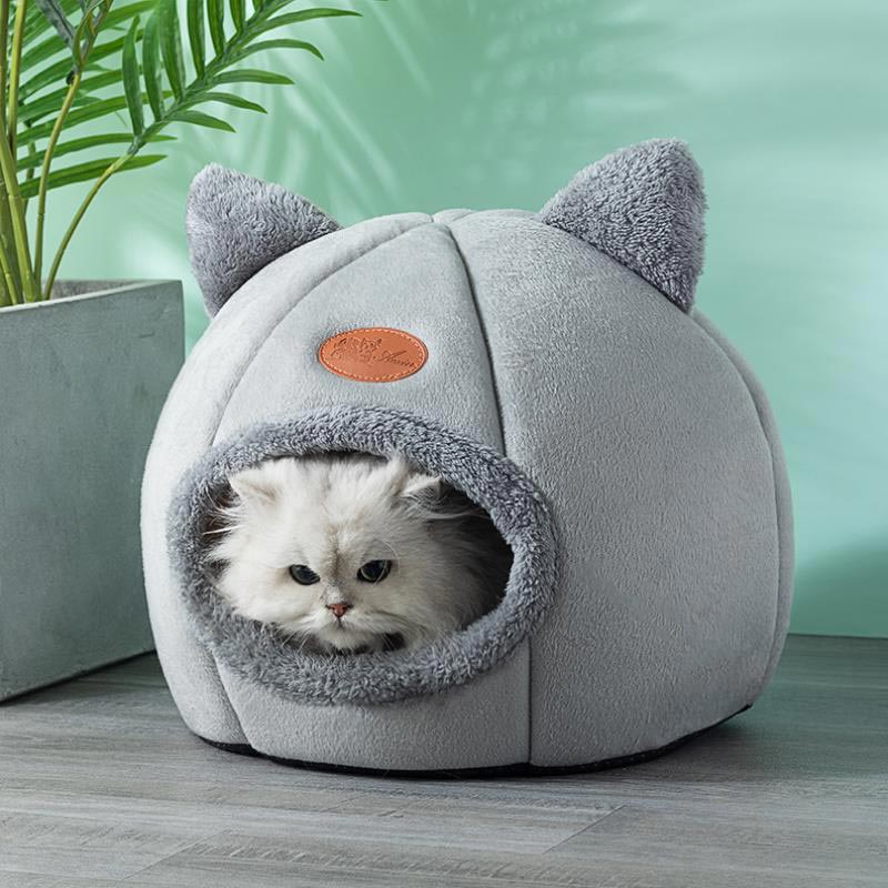 Cat Bed Cave - Gray Warm Indoor Cat House With Ears