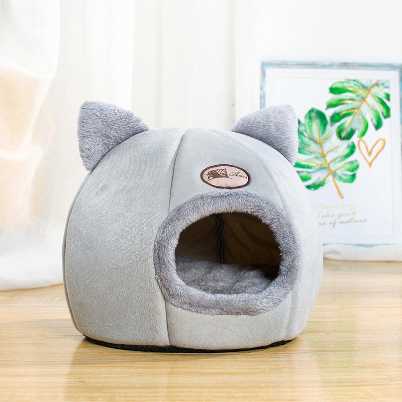 Cat Bed Cave - Gray Warm Indoor Cat House With Ears